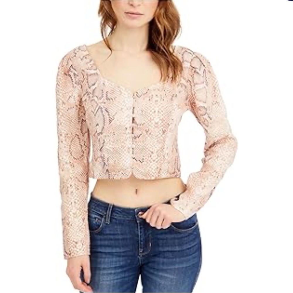 Guess telana button down sweetheart neck crop Pink Snake Print top M 100% linen